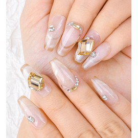 Sethaxy Handmade Nail Tips, 10 Pieces, Long Coffin Tips, Gradient, 3D Relief, Bowknots, Press-On Nails, Rhinestones, False Nails, Clear, Heart Pattern, 3D Nails, Pearl, Nude Color, False Nails,