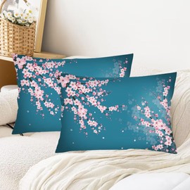 Cherry Blossoms Decorative Pillowcase Queen Size Set of 2 Cherry Blossom Flower Throw Pillow Cover Flowers Lumbar Pillow Case Standard Pillow Cases with Zipper Cushion Covers for Bedroom,20"x30",Teal