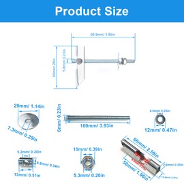 0XBIT Tilting Dowels, Pack of 12 Spring Folding Dowels M6 x 100 mm, Folding Dowels with Washers and Nuts, Drywall Dowels for Hanging Heavy Items on Drywall and Ceilings