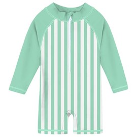 uideazone 12-18 Months Boys Rashguard Swimsuit Light Green Striped Long Sleeve One Piece Zipper Swimwear Bathing Suits