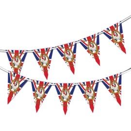 Queen Platinum Jubilee - Union Jack - Gold Text 70 Years - Full Flag Patriotic UK United Kingdom Themed Bunting Banner 15 Triangle flags National Royal decoration by PARTY DECOR