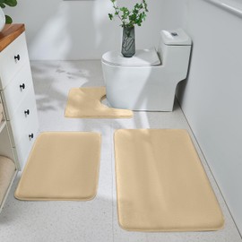 HUXMEYSON 3 Piece Bathroom Rug Set, Soft Velvet Memory Foam Bath Mats, Quick Dry & Washable, Non-Slip PVC Backing Bath Rugs for Bathroom Floor, Tub, and Toilet - Khaki
