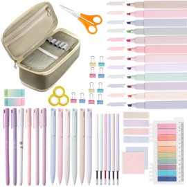 SYLCXX 50 PCS Aesthetic School Supplies with Big Capacity Pen Case,12 Pastel Highlighters, 6 Black Ink Gel Pens, 6 Color Ink Gel Pens with Refills Set, Stationary College Essentials, GERRN Beige