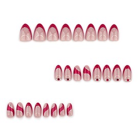 24Pcs French Tip Press on Nails Medium Almond Fake Nails with Rhinestones Red Gold Glitter Line False Nails Nude Glue on Nails French Acrylic Nails Valentine's Day Artificial Nails for Women Girls