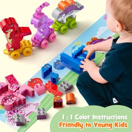 burgmate Dinosaur Building Blocks Train Set for Children, 57 Pieces, Large Creative Building Blocks for Building, 5 Dino Animal Figures and 3 Wheels, Educational Toy, Birthday Gift for Boys and Girls