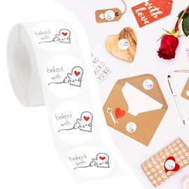 Fssqii Baked with Love Stickers 500pcs Round Adhesive Labels Circle Sealing for Bakery Bags Label Homemade Tags Baked Packaging Cookie Mason Jar Seal Tags Containers DIY Roll Stickers (White)