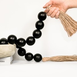 RUIRUICO Extra Large Wood Bead Garland with 1.6" Diameter Wood Beads, Wooden Beads Garland with Tassels, Decorative Beads Home Decor, Farmhouse Beads Decor (Black, 50 Inches)