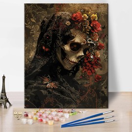 Skull Paint by Number DIY Flowers Paint by Numbers for Adults Skeleton Bride Paint by Numbers Kit for Adults Canvas Oil Painting Art Crafts for Wall Decoration 16x20 Inch Without Frame
