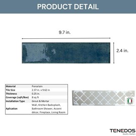 Scandiano Series Handmade Glossy 2.5x10 Subway Porcelain Wall Tile for Kitchen Backsplash, Bathroom Wall, Accent Wall, Fireplace Surround (Blue, Box of 50 Pieces) (8 Sq.ft)