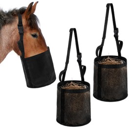 PercyEffie 2 Pcs Horse Feed Bag Heavy Duty Nylon Mesh Feeder with Adjustable Strap Comfort Neck Pad Nose Pad Waterproof Bottom Black Medium