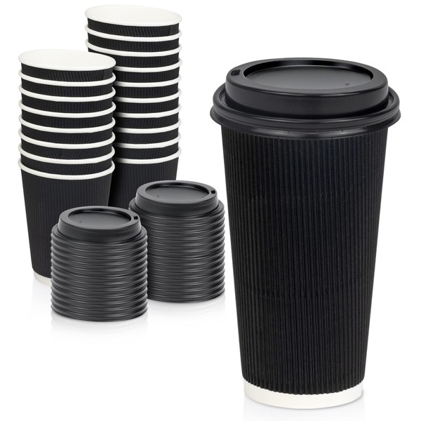 [50 Pack] 20 oz Insulated Ripple Wall Paper Coffee Cups with Black Lids, Premium Triple Wall Disposable Coffee Cup, Black To Go Coffee Cups Anti Slip Hot Cups for Hot Beverages, Travel, Home, Office