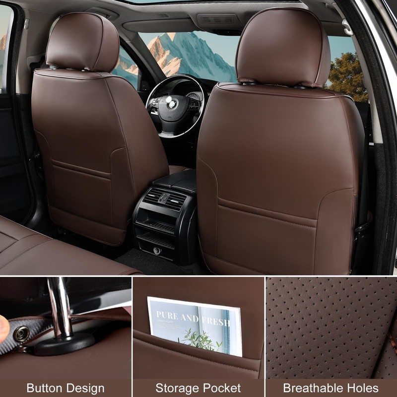 TIEHESYT Mature Brown Car Seat Covers, Breathable Faux Leather, Universal