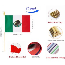 10 Pack Mexico Flags - MX Handheld Flag- 5x8 in, Mexican Mini Flag. Suitable For Party Decorations, Store Displays, Bar Decorations And National Day Parades.