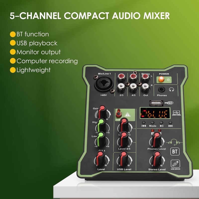 Audio Mixer, 5-Channel Compact Audio Mixer Sound Mixing Console 48V