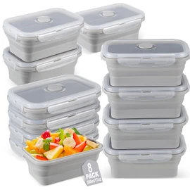 Mifoci Set of 8 Silicone Collapsible Bowls for Camping with Vent Lid 17 oz Silicone Storage Containers for Food Meal Preparation Square Bowl Microwave Freezer Dishwasher Safe(Gray)