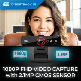 Adesso CyberTrack F1 1080P HD Enfoque Fijo USB Windows Hello cámara Web, cámara para PC de computadora, micrófono Dual Incorporado, Obturador de privacidad, Modo Audio/Video, Interruptor de