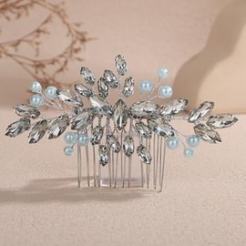Lenjicons Wedding Rhinestone Pearls Hair Comb Teardrop Rhinestone Bridal Hair Comb Handmade Pearls Crystal Hairpiece Bridal Hair Accessories for Women (mint green)