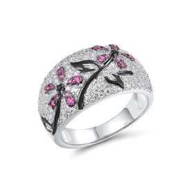 Santuzza 925 Sterling Silver Orchid Ring Created Ruby Cubic Zirconia Stem Leaves Ring for Women (9)