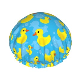 Rubber Duck Shower Cap for Women Reusable Double Layers Waterproof Shower Hair Protector PEVA Lined Shower Hat for All Long Hair Lengths, Stretchy Adjustable Shower Caps