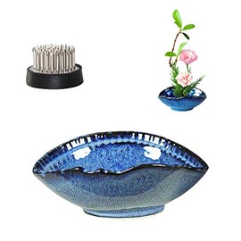 WANDIC Floral Arranging Vase, Blue Irregular Oval shape Ceramic Ikebana Vases With 3.5cm Mini Round Flower Frog For Ikebana Floral Arrangement Art Home Decor