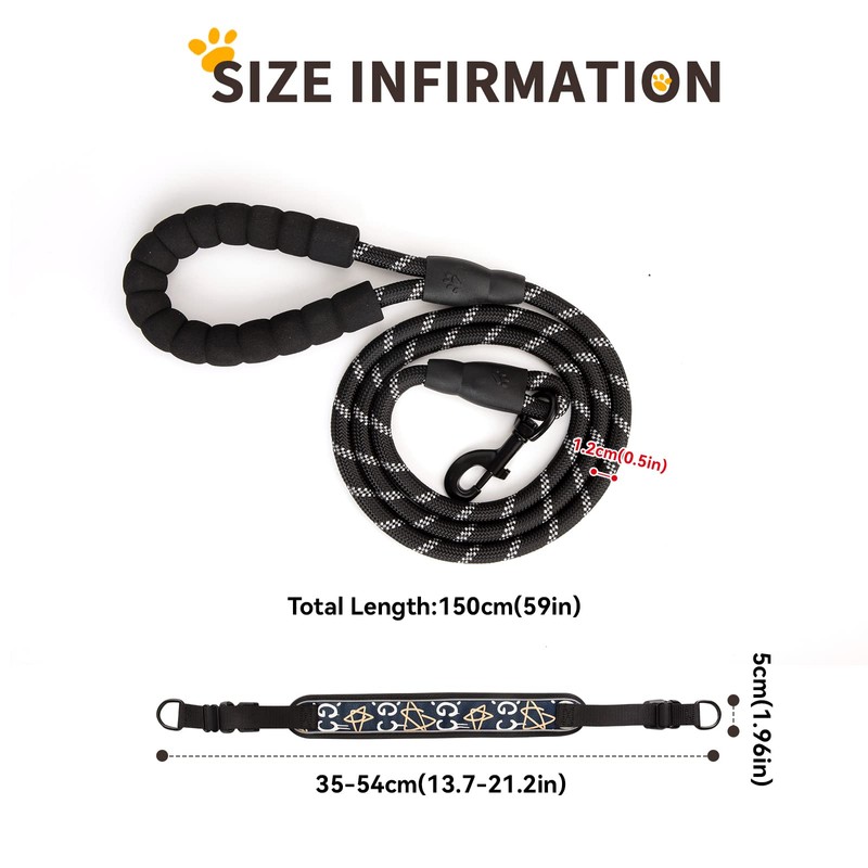 Reflective Dog Collar Padded Black Collar and Lead Set Polyester