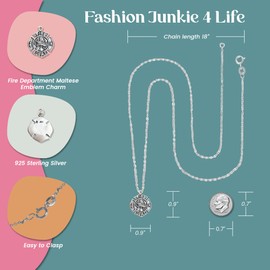 FashionJunkie4Life Sterling Silver Fire Department Emblem Necklace | Maltese Cross Charm with 18" Chain | Firefighter Gift for Women & Men