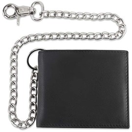 F&L CLASSIC - Cartera de cuero de vaca con bloqueo RFID para hombre, estilo plegable con cadena de acero, Negro, Sólido - Negro - Top Qua...