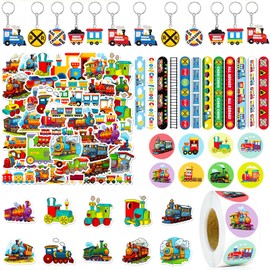 HEMYTAP 574Pcs Train Party Favors Train Themed Birthday Party Supplies Include Slap Bracelets, Keychains, Stickers for Kids Boys Train Birthday Party Decorations