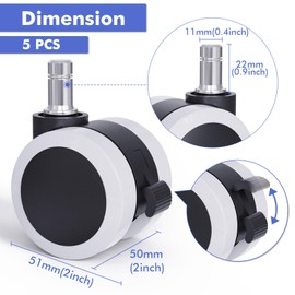 LIHAO 5pcs Replacement Office Chair Wheels Resistant with Safty Brake for Hard Floors (White and Black, 11/50 mm)
