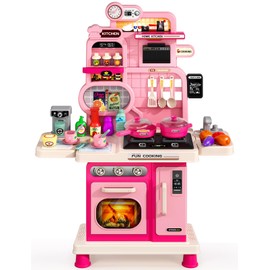 Kids Play Kitchen Set, Toddler Kitchen Playset with Light & Sound, Cooking Stove, Play Sink, Coffee Maker, Play Food Toy and Kitchen Accessories, Kitchen Toy for Kids Girls Boys 1-3 - Pink
