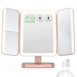 EASEHOLD 5000mAh Rechargable Makeup Mirror, Lighted Vanity Mirror with 116 LEDs, 1X/2X/3X 10X Magnifying, 3-Color Mirror with LED Lights,Portable Cosmetic Mirror, Adjustable Brightness/Angle White Decor - Color: Rose Gold