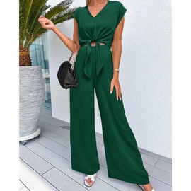 PRETTYGARDEN Ladies Spring Fashion 2 Piece Set Plain Strappy Cropped Tops Flowy Long Pant Loose Fit Soft Workout Sets(Solid Dark Green,Medium)
