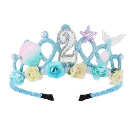 2th Birthday Crown for Girls, 2th Birthday Headband for Girls, 2th Birthday Tiara for Girls 2th Birthday Decoration for Girls 2th Birthday Crown with Mermaid Starfish for Girls 2 Year Old Disposable