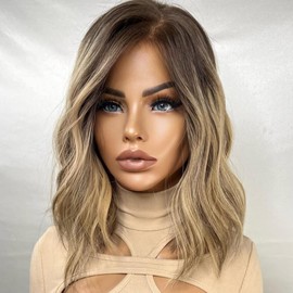 Ombre Brown Synthetic Lace Front Wigs with Dark Roots Pre plucked Natural Hairline Body Wave Bob Hair Cut Heat Resistant Wigs for Women Middle Parting
