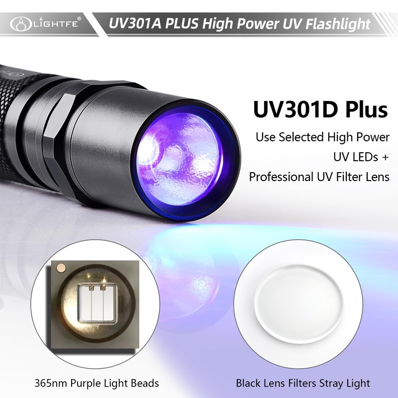 LIGHTFE Blacklight 395nm UV Flashlight UV301A-Plus with SSC UV LED,