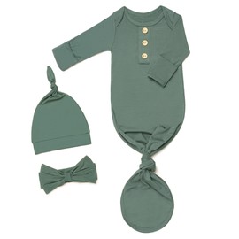 Newborn Baby Knotted Gown, Super Soft Silky Infant Long Sleeve Sleeper with Tie Bottom, Baby Girl and Boy Sleep Gown with Mittens, Bowknot and Hat Set Grey Green