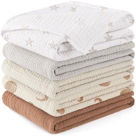 Susurration Muslin Baby Washcloths 23x23inch, Large Ultra-Absorbent 100% Cotton Baby Bath Wash Cloth Burp Cloth Soft Breathable Baby Face Towel for Newborn Baby Boy and Girl, 5Pack (Brown Moon)