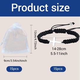 First Communion Gifts for Girls – 15-Pack Adjustable Black Cord Cross Bracelets with Organza Gift Bags – Religious Jewelry for Baptism, Confirmation, and Special Occasions