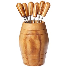 Naturally Med - Olive Wood Barrel with Olive Picks (6). Charcuterie picks, pickers for olives, cheese, charcuterie. Cocktail skewers. Mini forks for charcuterie. Olive wood from Spain.