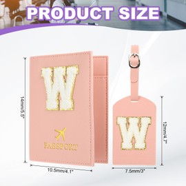 PATIKIL Passport Holder for Travel, Initial Passport Cover and Luggage Tag Set with Alphabet Chenille Letter Patch Travel Wallet Bag Suitcase Identifier for Women Family Travel Pink W