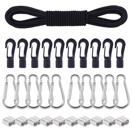 AWBEOT Rubber Cord, 6 mm x 10 m, Elastic Rubber Cord, Black Expander Rope with 10 Plastic Hooks, 10 Choke Clamps, 10 Carabiner Hooks, for Camping, Trailer Tarpaulin, Shoelaces, Washing Lines