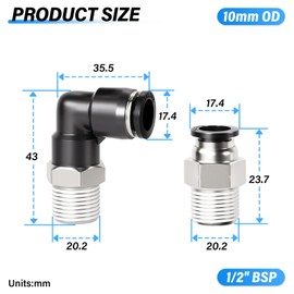 TAILONZ PNEUMATIC Elbow and Straight Combination 10MM Tube OD x 1/2 Inch BSP Thread Push to Connect Fittings PC10-04+PL10-04(Pack of 4)