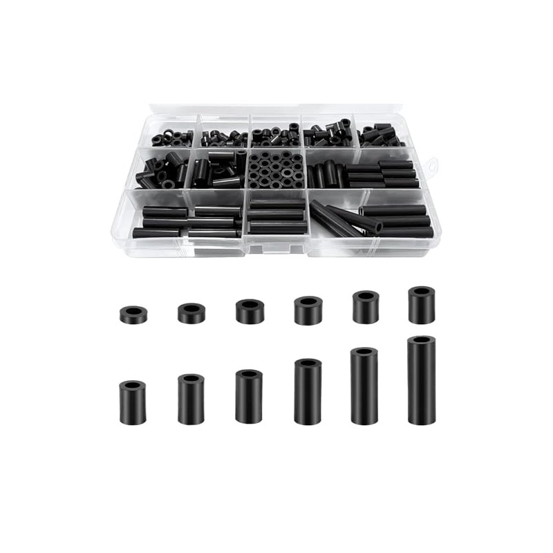 lakigoes Nylon Black Round Spacers, 320pcs Assortment Kit, M3 M4,