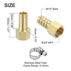 sourcing map 2pcs Brass Hose Barb Fittings, 1/2" Barb x 3/8" NPT Female Brass Barb Pipe Fitting Adapter with Hose Clamps for Water Fuel Air, Mechanical Devices, Plumbing Equipment