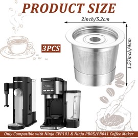 3 Pack Reusable K Cups and Coffee Pods for Ninja Coffee Maker PB051 & CFP101/PB041 Stainless Steel 304 Permanent K Cups Filters Reusable K Pod Coffee Accessories Fit for Ninja Coffee Maker