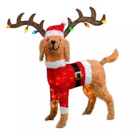 32 Inch - Light-Up Holiday Golden Dog with Santa Outfit, Hat, Antlers, and 70 Clear and Multi Colored Lights, Holiday Decoration Display