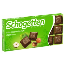 Schogetten Schogetten Edel-Alpenvollmilch-Haselnuss 100g Schokoladentafel, praktisch einzeln portioniert. Ein Genuss. Stück für Stück.