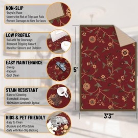 Ottomanson Ottohome Collection Non-Slip Rubberback Floral Leaves Design 3x5 Indoor Area Rug, 3'3" x 5', Red
