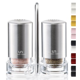 Salt and Pepper Shakers with Holder - Elegant Stainless Steel Salt Shaker and Pepper Shaker Set with Acrylic Holder for Kitchen Counter or Restaurant Table