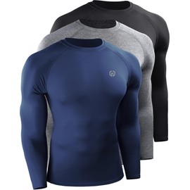 NELEUS Men's 3 Pack Compression Shirt Athletic Running Shirts,5029,Black/Grey/Navy,Blue,XL